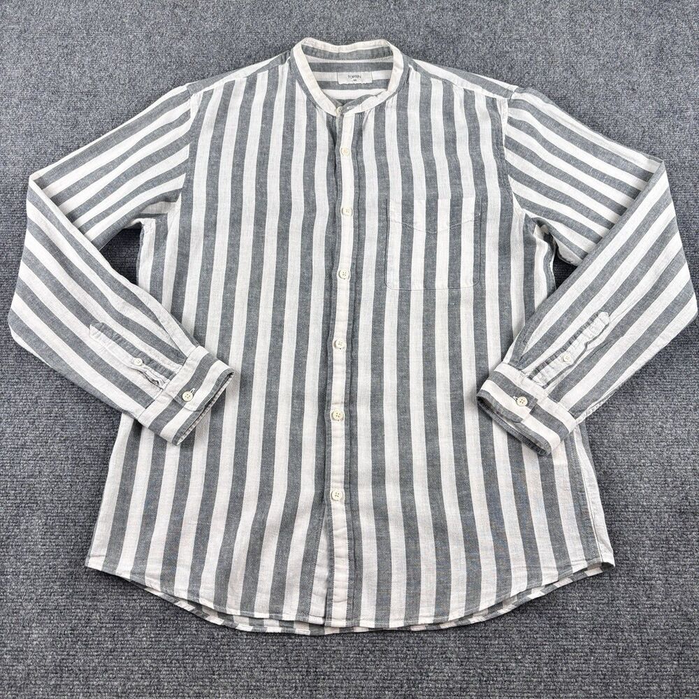 Topten Mens 105 Linen Shirt Gray Stripe Band Collar Long Sleeve